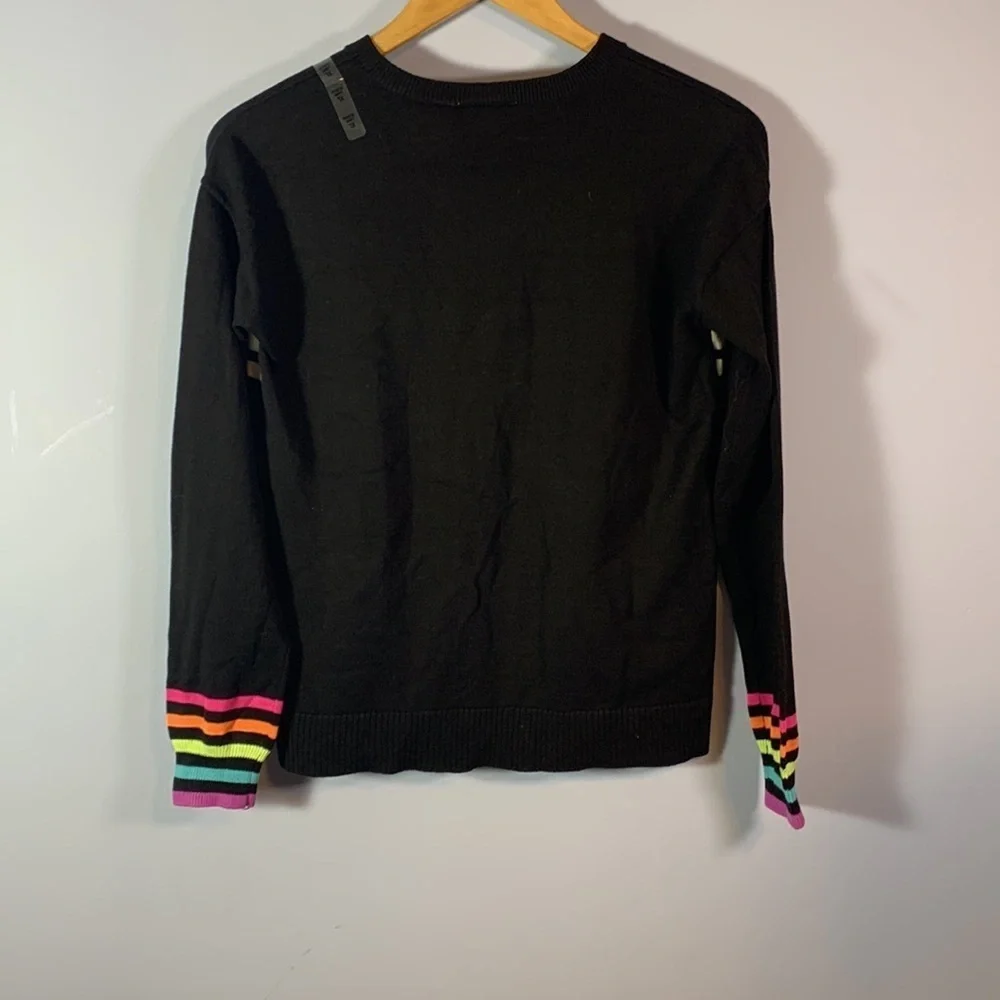 PLACE size 14 XL black sweater neon rainbow stars striped rainbow cuffs